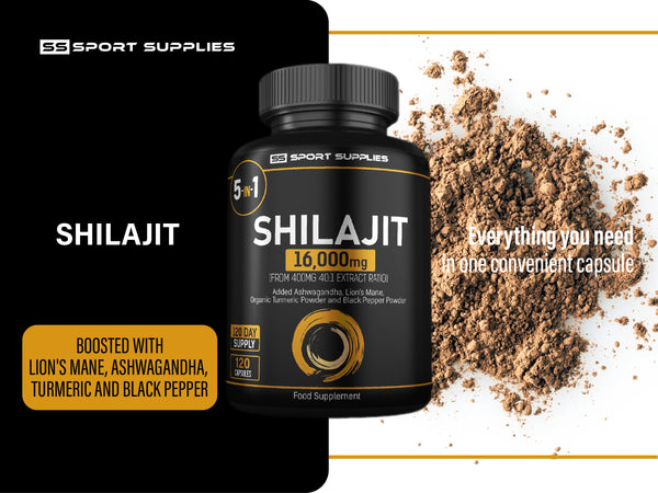 Shilajit Capsules 16,000mg -120 Days Supply - 60% Fulvic Acid - Added Ashwagandha, Lions Mane, Turmeric and Black Pepper - High Strength Himilayan Shalajit