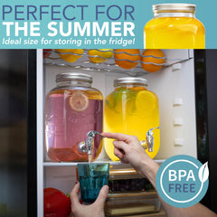 HEFTMAN Glass Drink Dispenser with Tap - 2 x 4 Litre Mason Jar Drink Dispenser with Leakproof Tap & Metal Wire Stand - Drinks Dispenser, Cocktails, Empty Beverage Dispenser