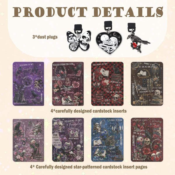 Berirexrion Inserts Cardstock for Clear Case - 11 PCs Dark Romance Back Skin Decal Card Dust Plug Charms for Kindle Paperwhite 11th 12th Generation 6.8" Accessories for E-Reader Book Lover Reader Gift