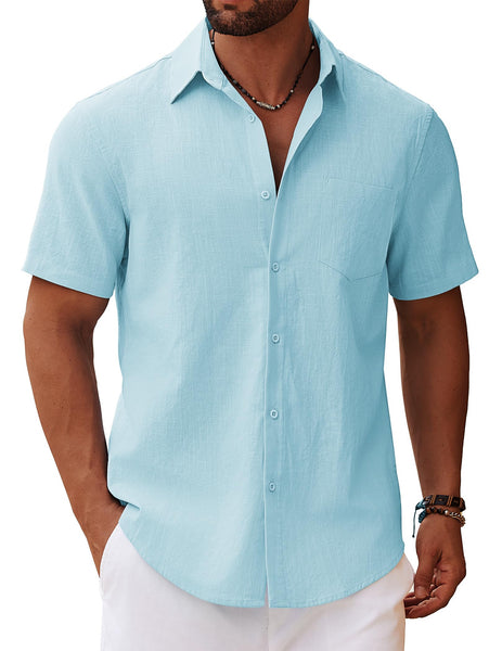 COOFANDY Mens Short Sleeved Shirts Summer Shirts Linen Shirts Cotton Shirts Holiday Shirts Casual Shirts Beach Shirt Button Down Hawaiian Holiday Tops Light Blue L