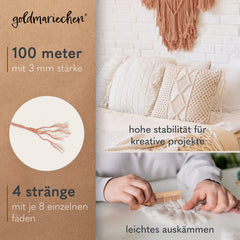 goldmariechen - Premium Makramee Garn (Rosenholz) 3mm x 100m - 100% Baumwolle - Makrameegarn Baumwollgarn für DIY-Deko Wandbehang, Blumenampel, Vorhang, Traumfänger, Schlüsselanhänger, Türvorhang