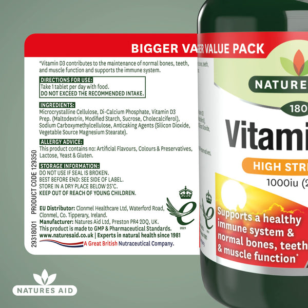 Natures Aid Vitamin D3 1000iu – High Strength Supplement for Bone, Muscle & Immune Support – Vegan, Non-GMO, Gluten-Free – Essential Nutrient – 180 Tablets