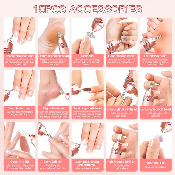 Electric Nail File, Professional Cordless Electric Nail Drill, 15 in 1 Nail Files Dust Cover Pedicure Sets - Rechargeable Nail Drill Machine Efile for Acrylic Gel Nails, Manicure Set Salon Home