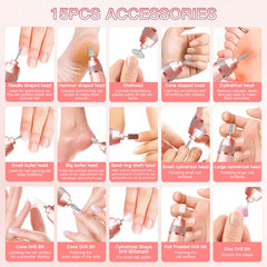 Electric Nail File, Professional Cordless Electric Nail Drill, 15 in 1 Nail Files Dust Cover Pedicure Sets - Rechargeable Nail Drill Machine Efile for Acrylic Gel Nails, Manicure Set Salon Home