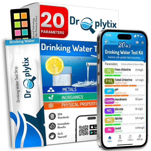 DROPLYTIX 20-in-1 Drinking Water Test Kit with App, Digital Water Tester for Drinking Water, Home Water Test Kit, Well Water Testing Kit, Water Test Strips for Lead, Hardness, Chlorine, Nitrate & more