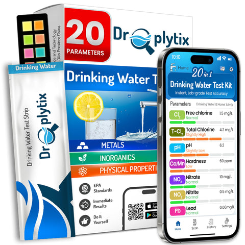 DROPLYTIX 20-in-1 Drinking Water Test Kit with App, Digital Water Tester for Drinking Water, Home Water Test Kit, Well Water Testing Kit, Water Test Strips for Lead, Hardness, Chlorine, Nitrate & more