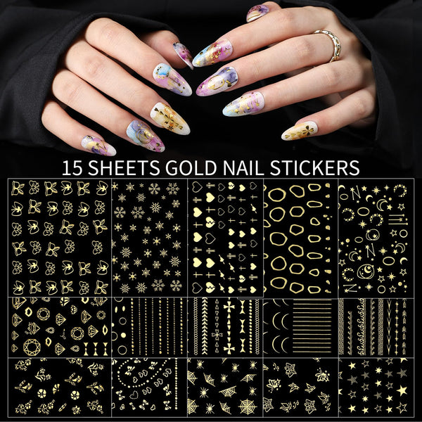 Teenitor Nail Rhinestones Nail Art Tools with 15 Sheets Gold Nail Art Stickers, 6 Boxes of Nail Charms Nail Gems Nail Pearls Nail Jewels