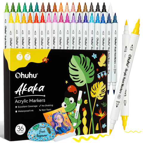 Ohuhu Acrylic Paint Pens, 36 Colours Dual Tips (Brush & Fine) Paint Pens Waterproof Lightfast High Opacity Acrylic Markers for Rock Painting Easter Eggs Pumpkins Wood Glass Ceramic Canvas Pebble