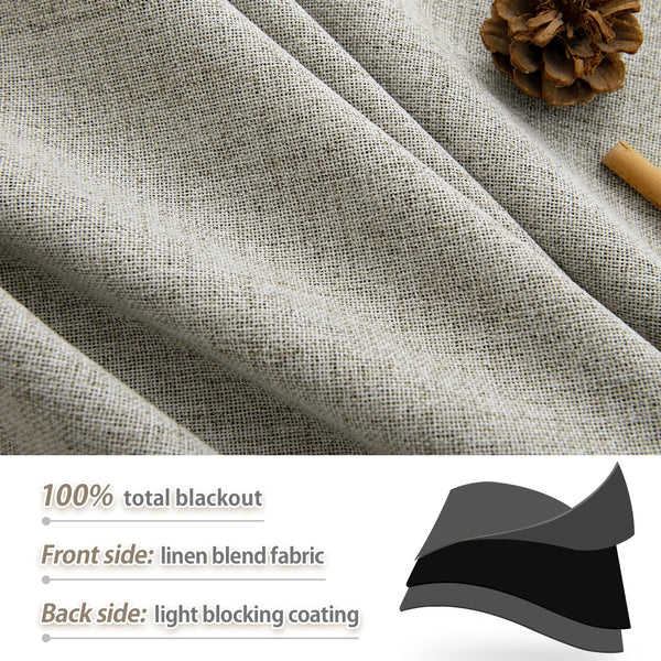 PANGSINNE 100% Blackout Linen Curtains 96 inch Length - 2 Panels Set Thermal Insulated Black Out Drapes for Living Room Bedroom Back Tab/Rod Pocket Room Darkening Window Curtain 8 FT