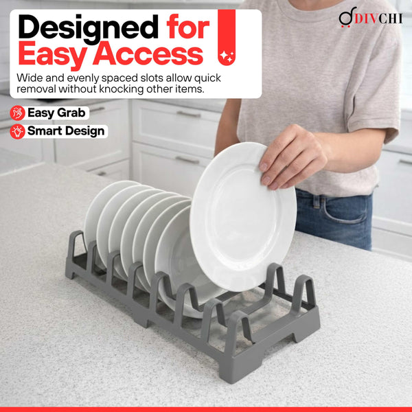 DIVCHI Pot Lid Holder Kitchen Organiser – 7 Slot Pan Lid Rack Lids, Plates & Chopping Boards, Compact Cupboard Storage Organiser (Grey)