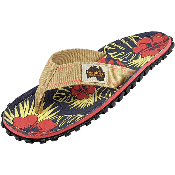 Gumbies Islander Flip-Flops | Unisex Classic Canvas Flip-Flops with Recycled Rubber Outsole & Cotton Footbed | Contoured, Lightweight & Everyday Comfortable | Denim Hibiscus | EU 39