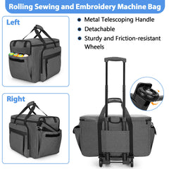 CURMIO Embroidery Sewing Machine Carrying Case with Wheels, Rolling Embroidery Machine Tote Bag with Bottom Support Board for Embroidery Machine and Sewing Supplies, Grey