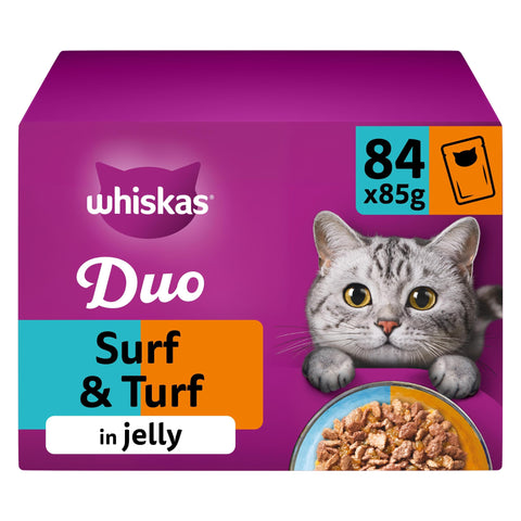 Whiskas 1+ Adult Tasty Duo in Jelly, 84 Pouches, Adult Wet Cat Food, Surf and Turf, Megapack (84 x 85 g), 100% High Quality Ingredients, Healthy Digestion