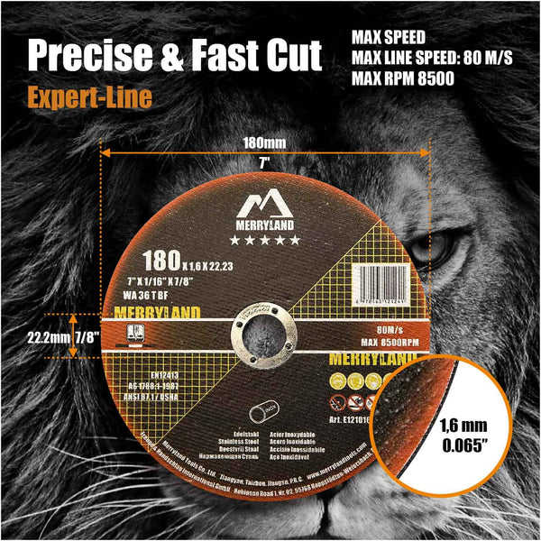Merryland Cutting Disc 180 Metal for Angle Grinder, 180 X 1.6 X 22.23 mm Cutting Wheel 25 Pieces, INOX Stainless Steel Iron 7 inch Type 41, Expert-Line E12101642