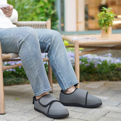 Garonne Men's Diabetic Wide Adjustable Slippers with Memory Foam and Non-Slip Indoor Outdoor Sole, Navy Grey, 12.5 UK