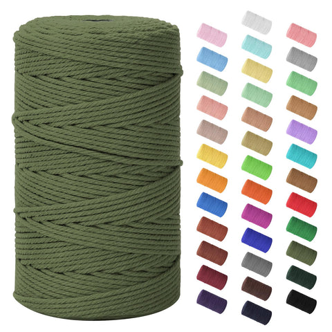 Makramee Garn 3mm x 200m, Baumwollkordel Farbig Baumwollgarn Geflochten Baumwollseil, Natürliche Baumwollschnur für Makramee Wandbehang, Blumenampel, Vorhang und Mehr DIY Deco, Armeegrün