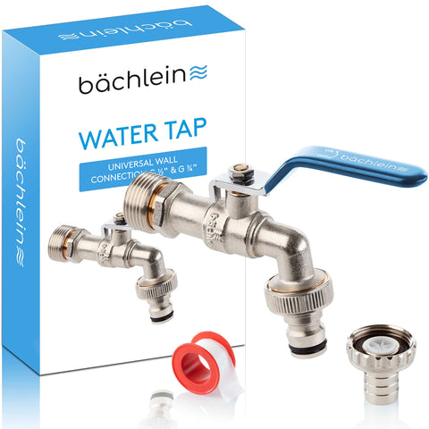 Bächlein Universal Water Tap for the Garden [Blue] incl. 2 Hose Connections - Noble Ball Valve with 1/2 and 3/4 Inch Connection, Outlet Tap Outside