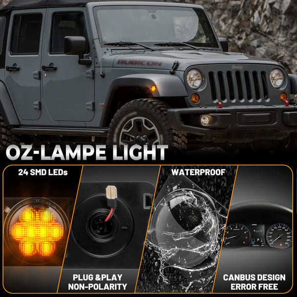OZ-LAMPE 2Pcs LED Side Indicator for Jeep Wrangler JK 2007-2015, Amber LED Turn Signal Light Repeater, Canbus Design Error Free LED Side Marker, Smoked Lens