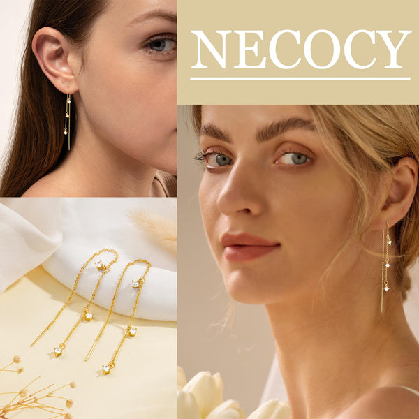 NECOCY Dangle Earrings for Women Dainty Long Hanging Gold/Silver Chain Earrings Trendy Hypoallergenic Dangling CZ/Pearl Threader Earrings for Women Jewelry, Yellow Gold, Cubic Zirconia