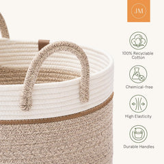 La Jolíe Muse Large Storage Basket - Cotton Rope Laundry Basket with Handle for Diaper Blanket Toy Towel Woven Laundry Basket Home Decor, White & Desert-S