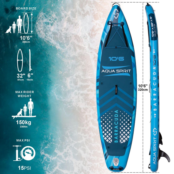 Aqua Spirit Barracuda ISUP/Kayak Inflatable Stand Up Paddle Board 2024 | 10'6x32”x6” | Complete Conversion Kit with Paddle, Backpack and more accessories | Adult Beginner/Expert | 2 Year Warranty