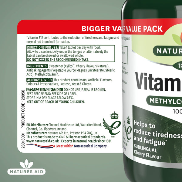 Natures Aid Vitamin B12 1000µg – High Strength Methylcobalamin Supplement – Supports Energy & Reduces Tiredness – Vegan, Vegetarian, Gluten Free – Not Gummies or Capsules – 180 Tablets