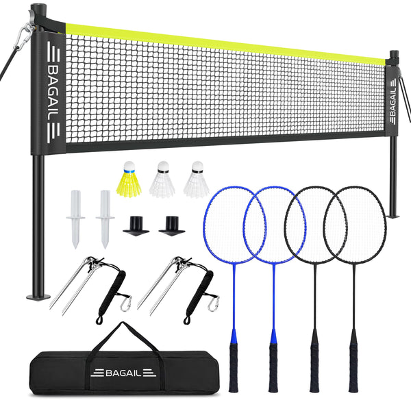 BAGAIL Outdoor Badminton Net Set with Anti-Sag Winch System - Official Size 6.1x1.55m, 4 Rackets, 3 Badminton Balls, Durable PE Net and Carrying Bag for Backyard, Beach and Family Games