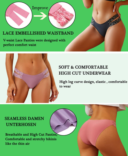 BeReady Seamless Knickers for Women Sexy Lace Seamless Underwear for Women High Cut V-waist No Show Ladies Briefs Panties Multipack