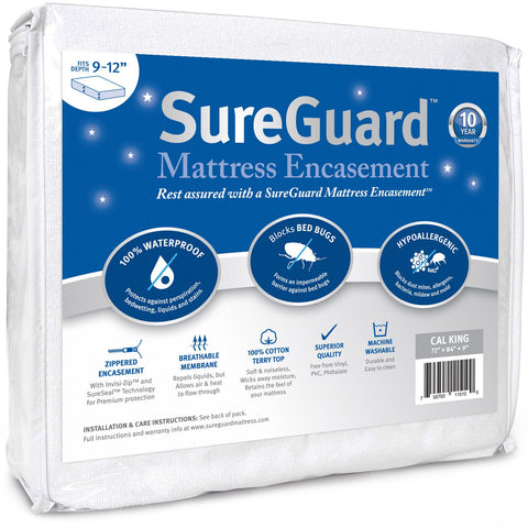 Cal King (9-12 in. Deep) SureGuard Mattress Encasement - 100% Waterproof, Bed Bug Proof - Premium Zippered Six-Sided Cover