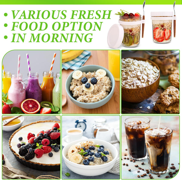 Opopark 4 Pack 12oz Overnight Oats Jars,350ml Overnight Oats Container with Lids and Spoons White Airtight Glass Jars with Measurement Marks for Milk Cereal Fruit