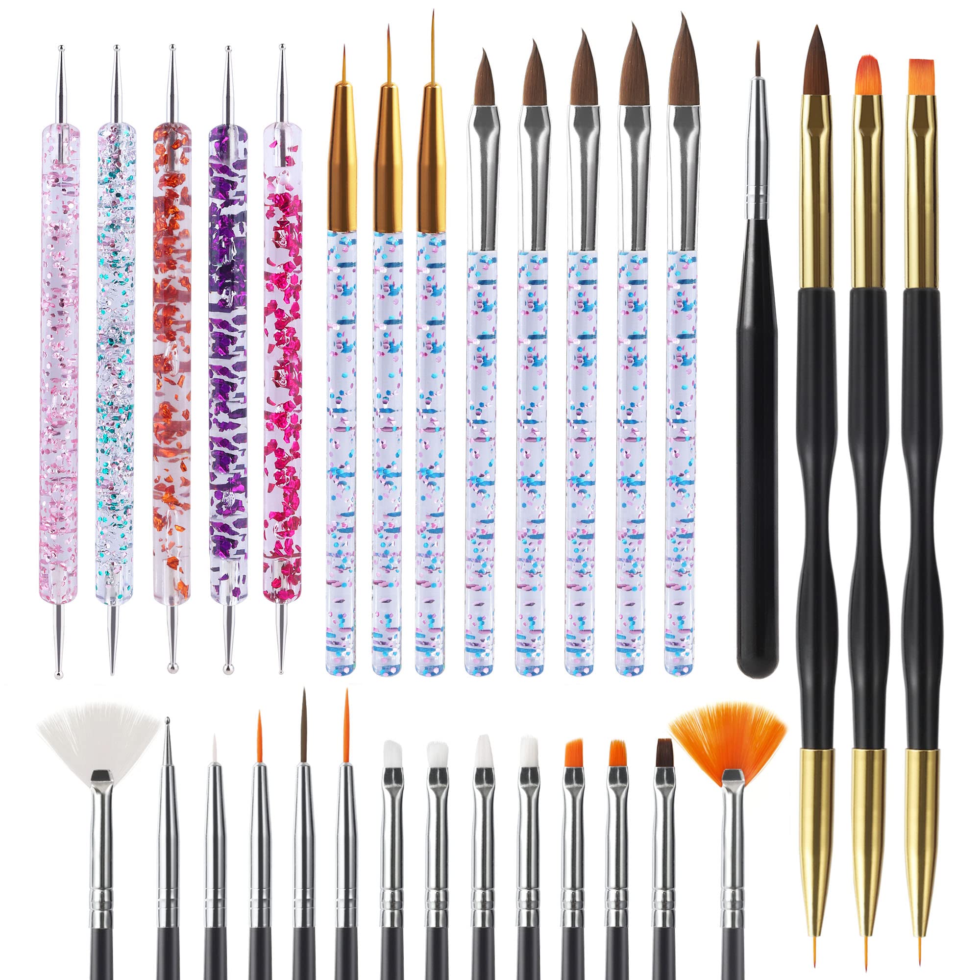 Artdone 31pcs Nail Art Brushes,Nail Art Tool Set,Nail Dotting Tools,Nail Dust Brush,Striping Nail Art Brushes for Long Lines,Nail Drawing Pen For Nail Design.