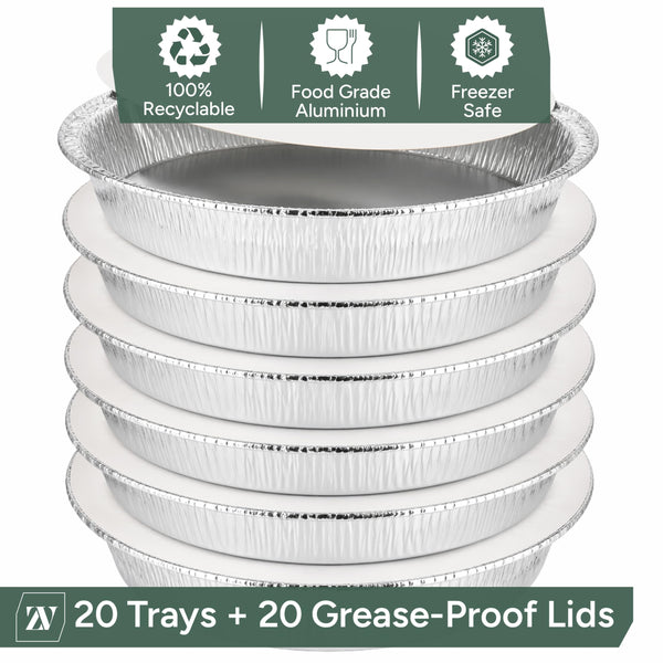Zuvo Round Foil Trays with Lids 20 Pack, Pie, Flan & Cheesecake Cases