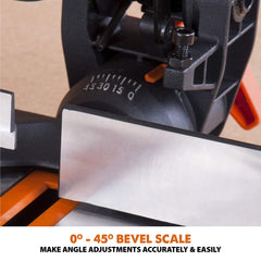 Evolution Power Tools R210CMS Compound Miter Saw Multi-Material Cutting TCT Blade Included Cuts Wood Metal Plastic & More, 45° - 45° Degree Miter & 45˚ Degree Bevel Angles, 1200W, 210mm