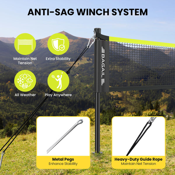 BAGAIL Outdoor Badminton Net Set with Anti-Sag Winch System - Official Size 6.1x1.55m, 4 Rackets, 3 Badminton Balls, Durable PE Net and Carrying Bag for Backyard, Beach and Family Games