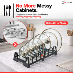 DIVCHI Pot Lid Holder Kitchen Organiser – 7 Slot Pan Lid Rack Lids, Plates & Chopping Boards, Compact Cupboard Storage Organiser (Grey)