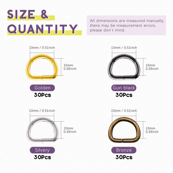 Swpeet Assorted Multi-Purpose Metal D Ring Semi-Circular D Ring Pack of 150, Mixed, 1/2 inch