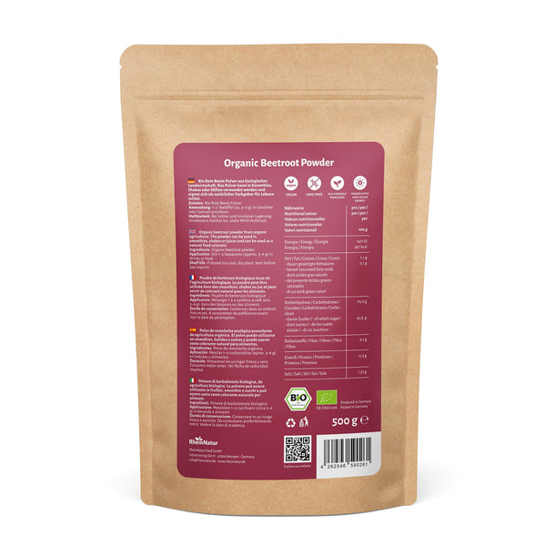 RheinNatur Organic Beetroot Powder 500g - 100% Beetroot Vegan Natural Ideal for Smoothies & Drinks Organic Quality