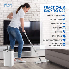 SqueezyPeasy Premium Flat Mop and Bucket Set for Floor Cleaning - Compact & Lightweight Cleaning System with 360 Rotating Head - 5 Microfibre Reusable Wet and Dry Mop Pads Included - 3 Chamber Design