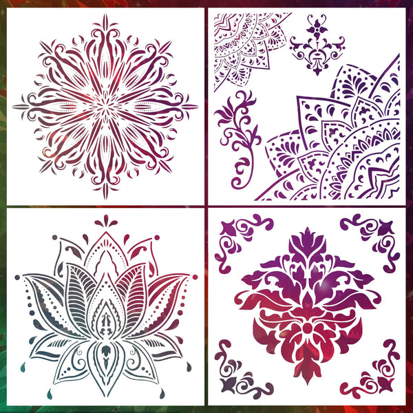 MWOOT 4 Pieces Mandala Drawing Stencils for Wall Painting Supply,Reusable Large Templates for Canvas Fabric Wall Decors Art Set,Mandala Design Drawing Plastic Stencil for DIY Art Beginners (30x30CM)