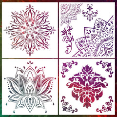 MWOOT 4 Pieces Mandala Drawing Stencils for Wall Painting Supply,Reusable Large Templates for Canvas Fabric Wall Decors Art Set,Mandala Design Drawing Plastic Stencil for DIY Art Beginners (30x30CM)
