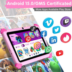ascrecem Kids Tablets 7 Inch Android 15 Toddler Tablet for Kids with 2.4G+5G WiFi6 Penta Core 6GB RAM 32GB ROM Baby Tablet Dual Camera 128GB Expandable Parental Control Educational Games (Pink)