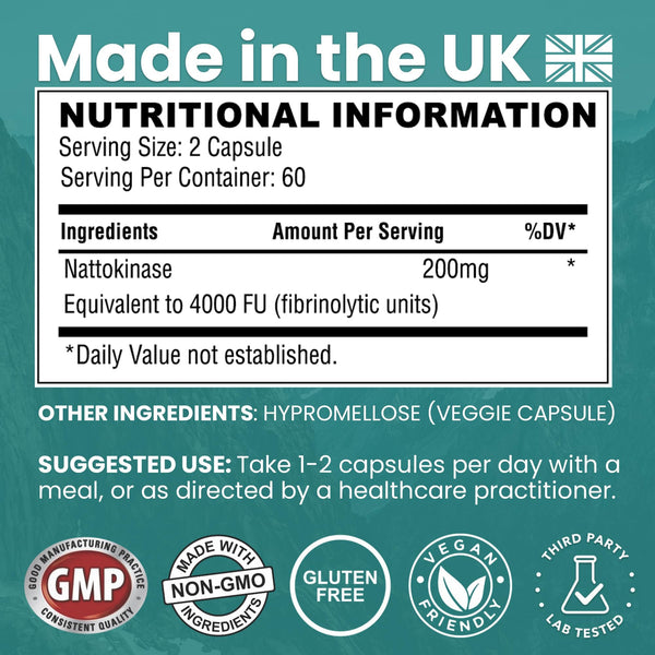 Vinco Nattokinase 200mg 4000FU – 120 Capsules – High Strength Japanese Natto Enzyme – Supports Heart Health, Blood Flow, Circulation and Blood Pressure – Non-GMO, Gluten Free – Made in UK
