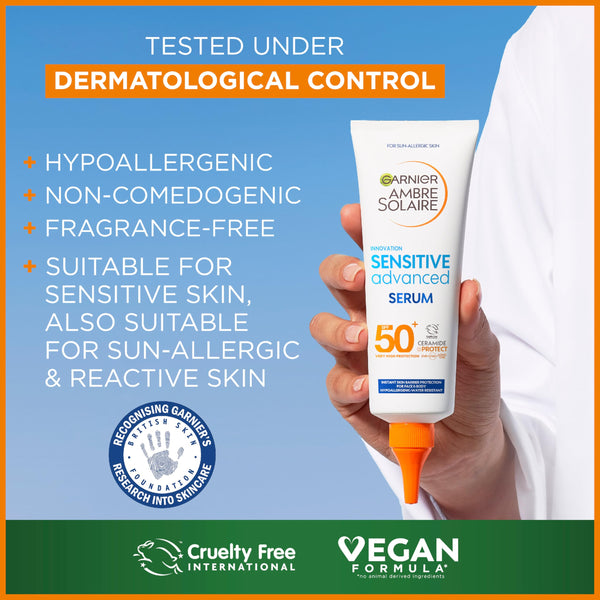 Garnier Ambre Solaire Sun Cream SPF 50+ Sensitive Advanced Serum for Face and Body, Suncreen Factor 50+, UVA & UVB Protect, Suitable for Sensitive Skin, with Ceramide, Water Resistant, 125ml