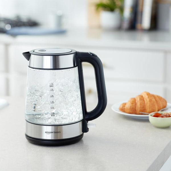 Amazon Basics Electric Glass Kettle, 1.7 Litres, Black, Silver