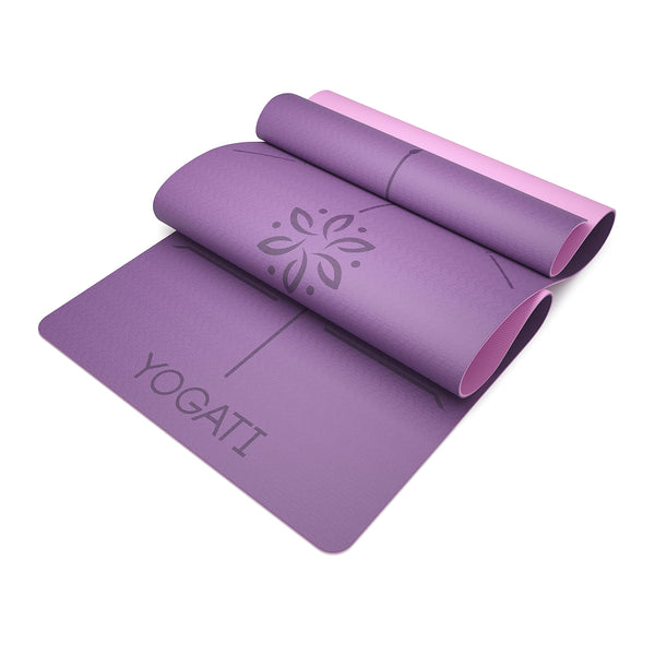 YOGATI Yoga Mat with Alignment Lines. Exercise mat with carry strap. Pilates mats for yoga or Fitness. Non slip Workout Mat. Thick Yoga Mats for women and men. Gym mats for home. Yoga matt thick.