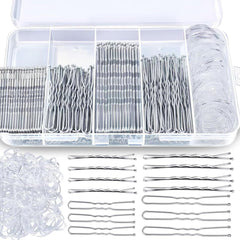 Aucuu 300 Pcs Bobby Pins Kit, Hair Pins for Women, Hair Grips, 100 Silver Waved Hair Pins (50pcs L+50pcs S), 100 Silver U Shaped H-air P-ins, 100 White Elastic Bands with Storage Box