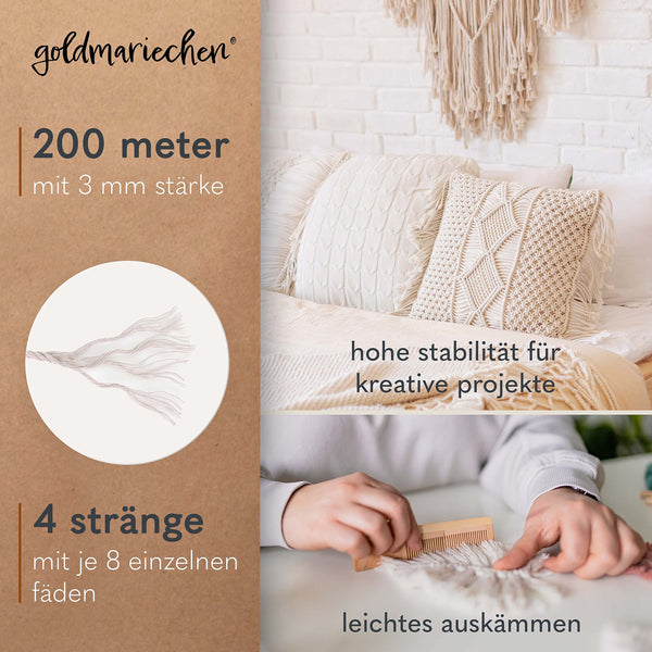 goldmariechen - Makramee Garn 3er Set 3mm (Naturell 200m, Himmelblau 100m, Altrosa 100m) 100% Baumwollgarn für DIY Wandteppich, Pflanzenhänger, Pflanzenampel, Wandbehänge, Traumfänger, Tischläufer