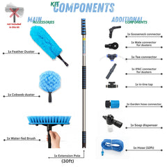 30ft Telescopic Water-Fed Solar Panel and Window Cleaning Pole Kit — Extendable Reach Cleaner with Brush, Soap Dispenser, Cobweb & Feather Duster — Soffit, Fascia, Conservatory