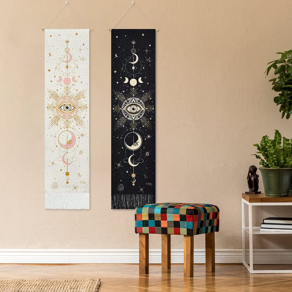 Yugarlibi 2 Pack Sun Moon Tapestry Wall Hangings Black and White Tarot Card Tapestry, Psychedelic Tapestries Cotton Long Wall Art for Bedroom, 130x32.5cm