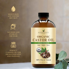 Handcraft Blends Cold-Pressed Organic Castor Oil 236 ml | Glass Bottle | 100% Pure and Natural | Premium Grade Carrier Oil | Hair, Eyelashes and Eyebrows | Hair and Body | Ayurvedic Hair Care